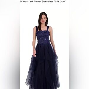 Eliza J Navy Embellished Flower Tulle Gown